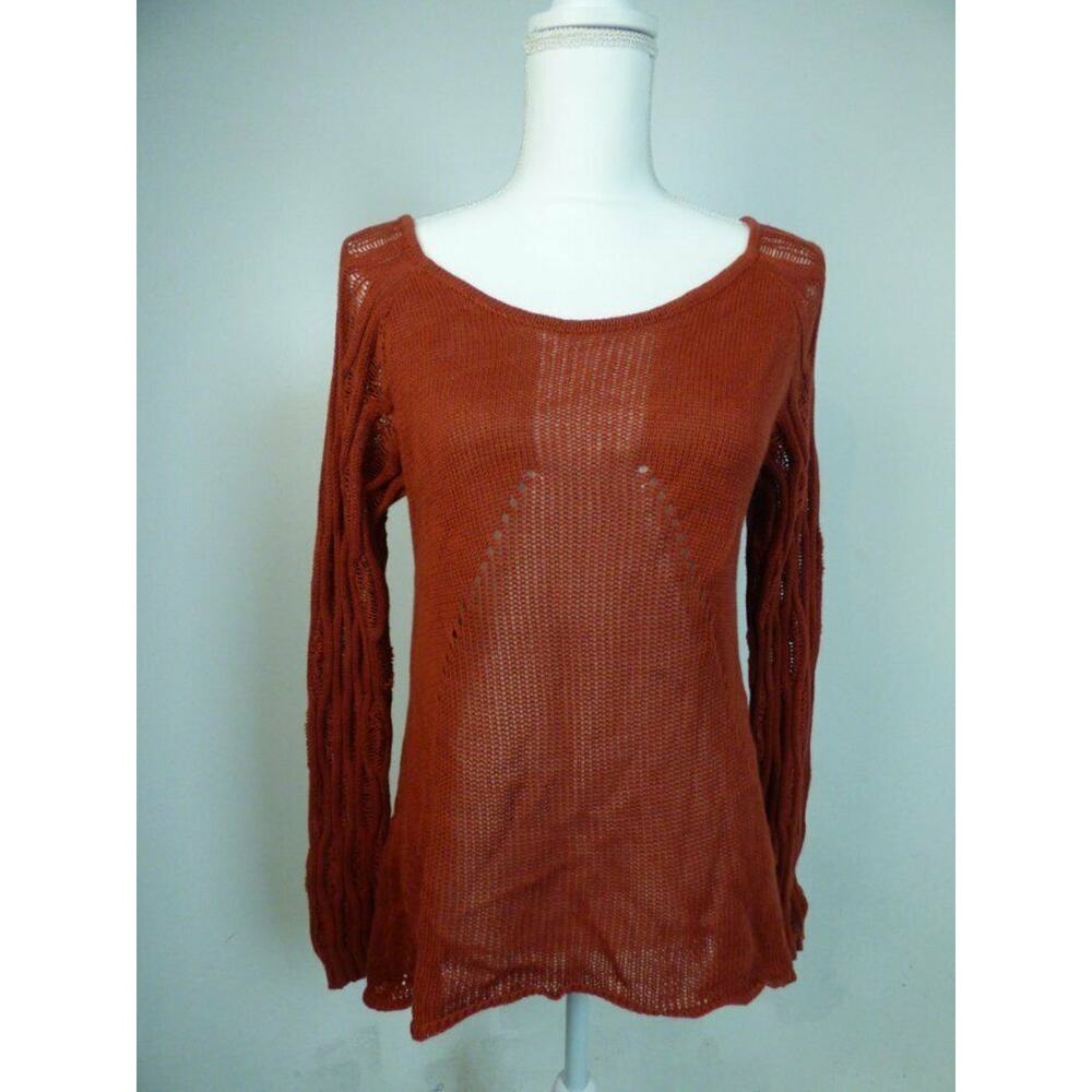 $50 Milla Rust Red Pointelle Knit Cutout Back Cable Knit Sweater Linen Small NEW